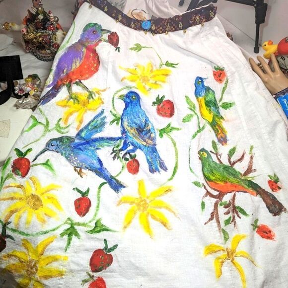 Wendy Gell Dresses & Skirts - Wendy Gell hand painted skirt, birds, flowers with a waistband with tiny bells.
